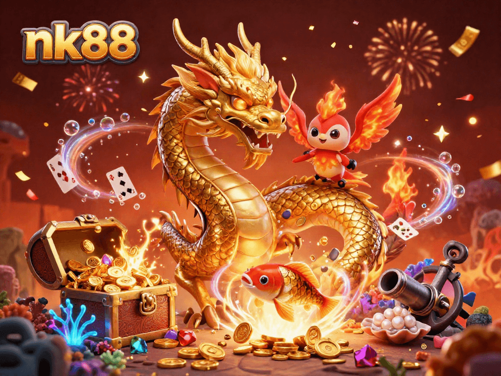Experience the excitement of nk88 with a dazzling illustration of a dragon, phoenix, and koi fish.