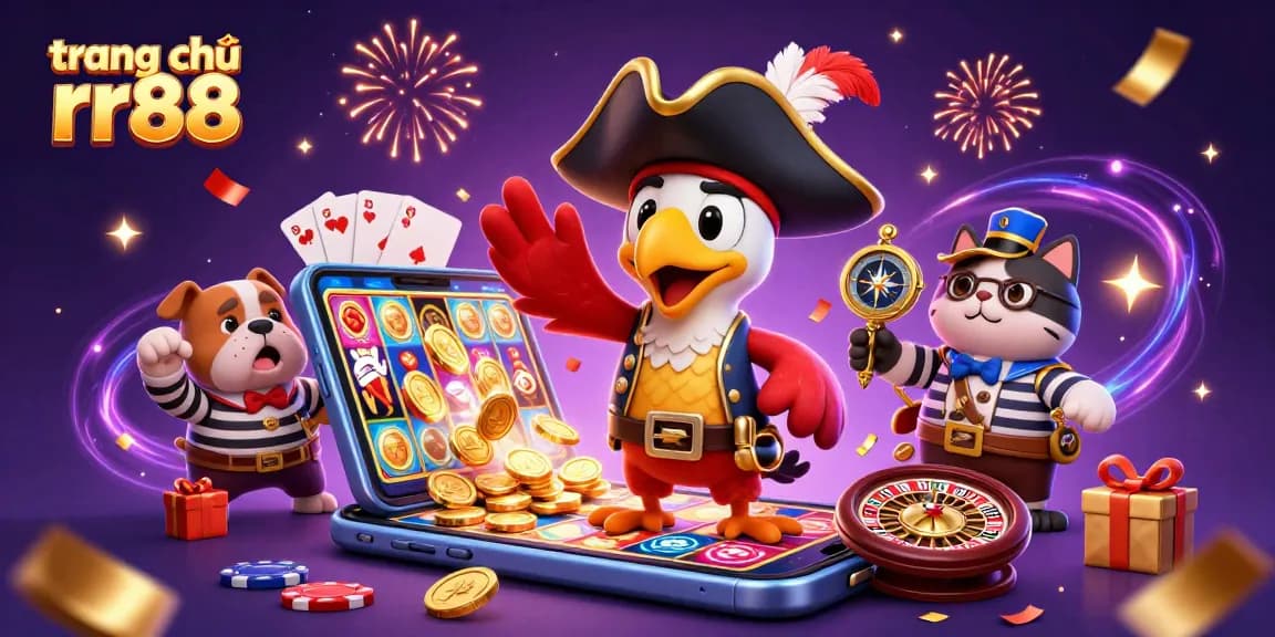 Experience the excitement of gaming at trang chủ rr88 with a pirate captain and friends amidst slot games and confetti.