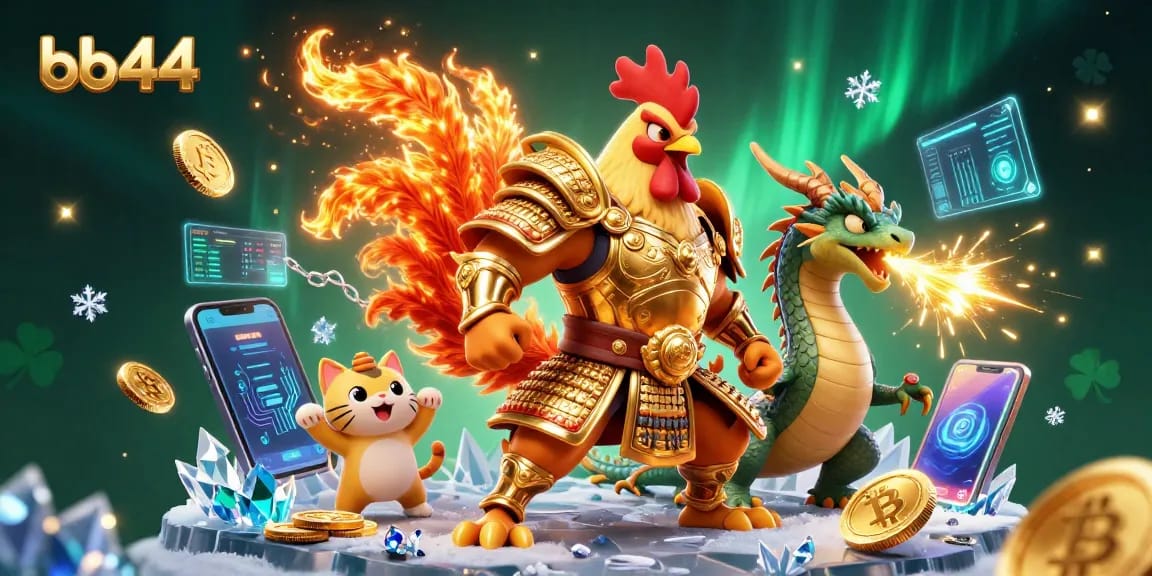 Experience thrilling battles and crypto wins with bb44 at this vibrant 3D illustrated casino scene.