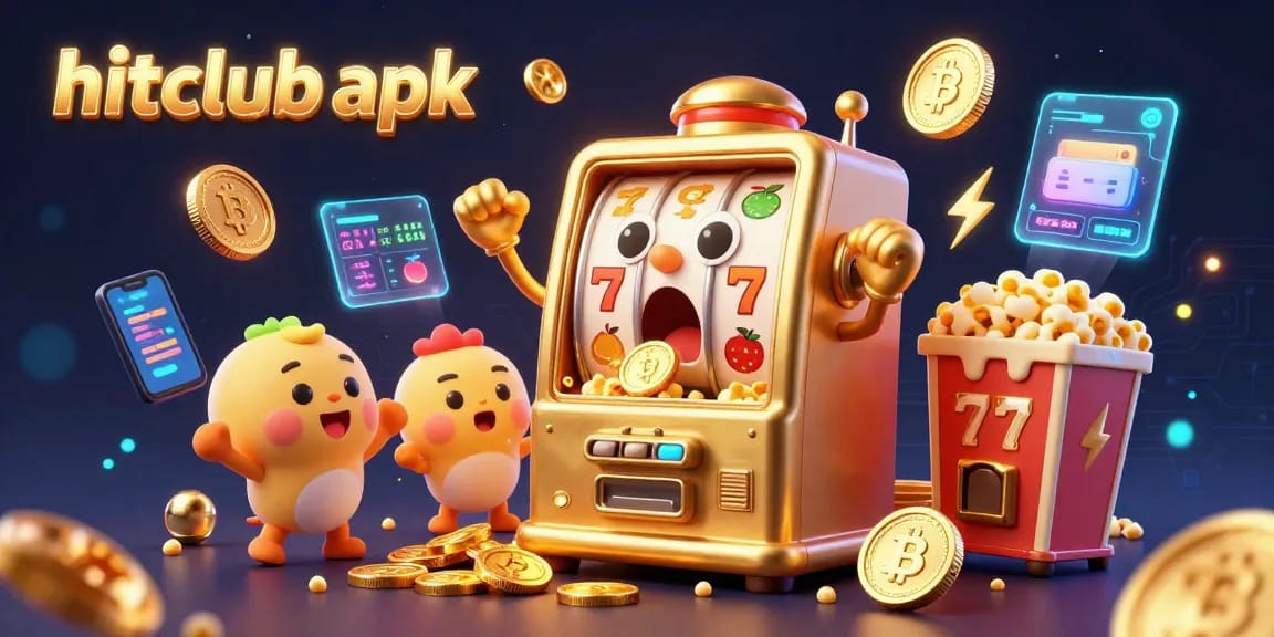 Engage with the hitclub apk as a golden slot machine strikes a jackpot, surrounded by vibrant gaming elements.