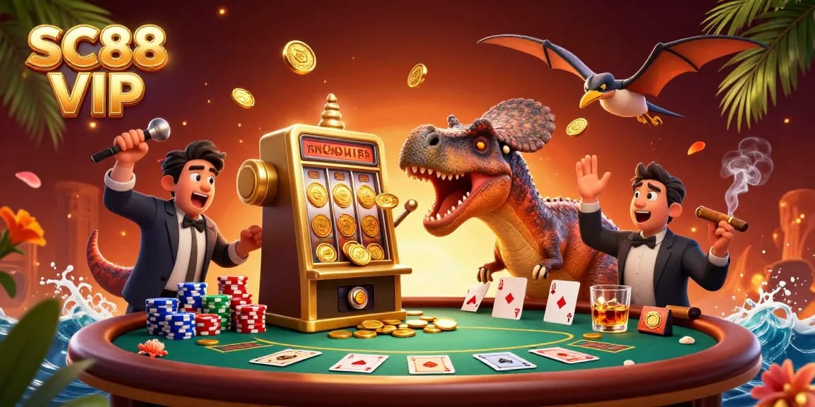 Experience the SC88 VIP gaming excitement as characters interact with a jackpot slot machine in a vibrant casino scene.