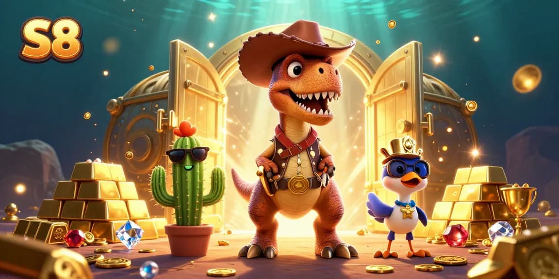 S8 slots scene featuring a cowboy dinosaur and friends amidst treasures in a vibrant 3D illustration.