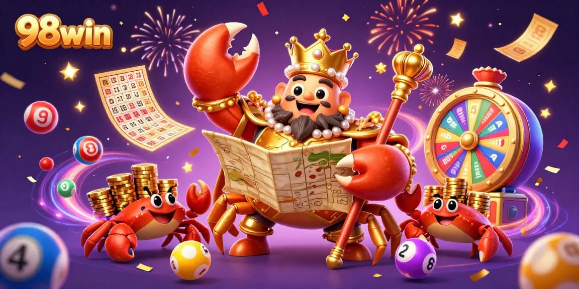 Experience the excitement of winning at 98win with a vibrant 3D illustration of a golden crab emperor amidst lottery elements.