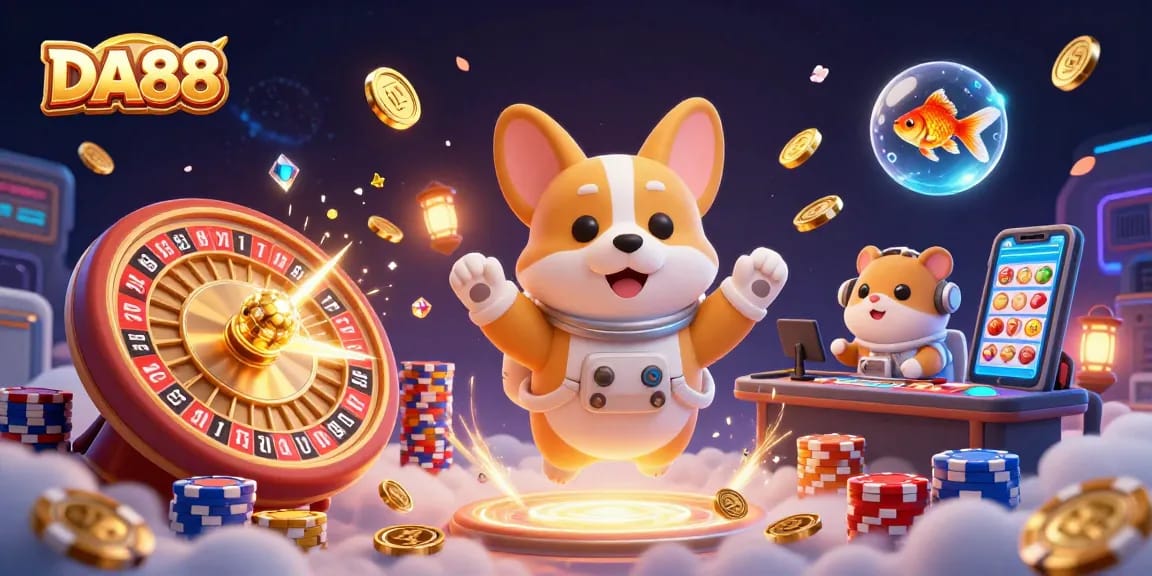 DA88 casino adventure featuring an astronaut corgi, floating coins, and vibrant gaming elements.