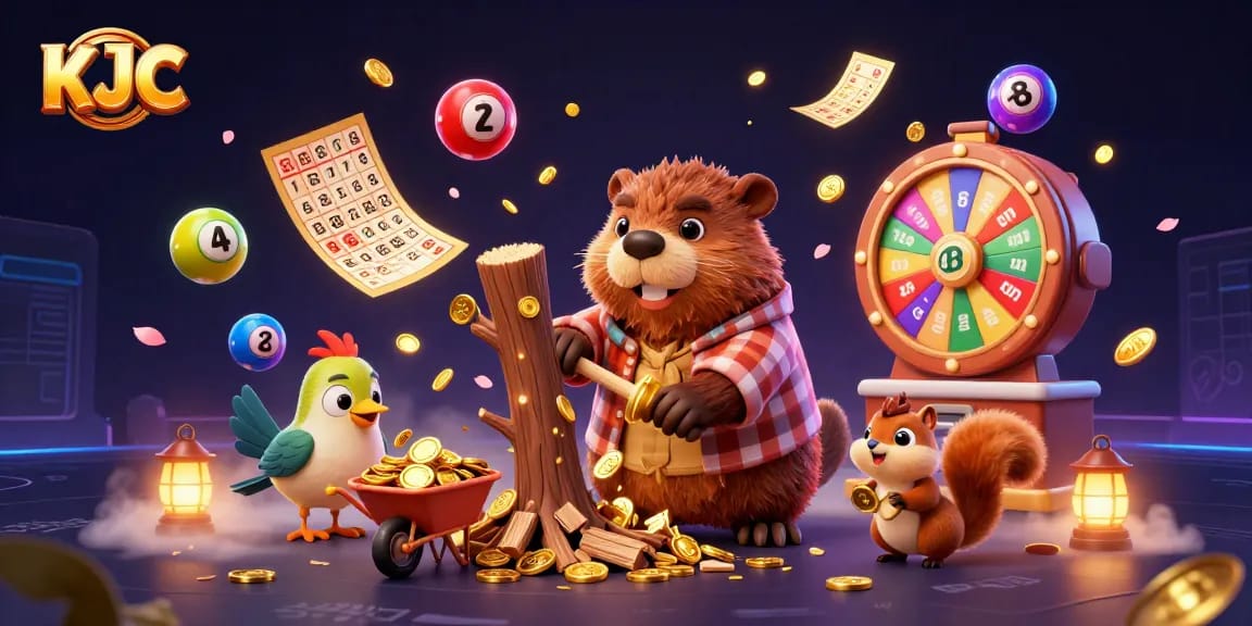 KJC players enjoying casino action with a lively beaver and friends collecting gold coins.