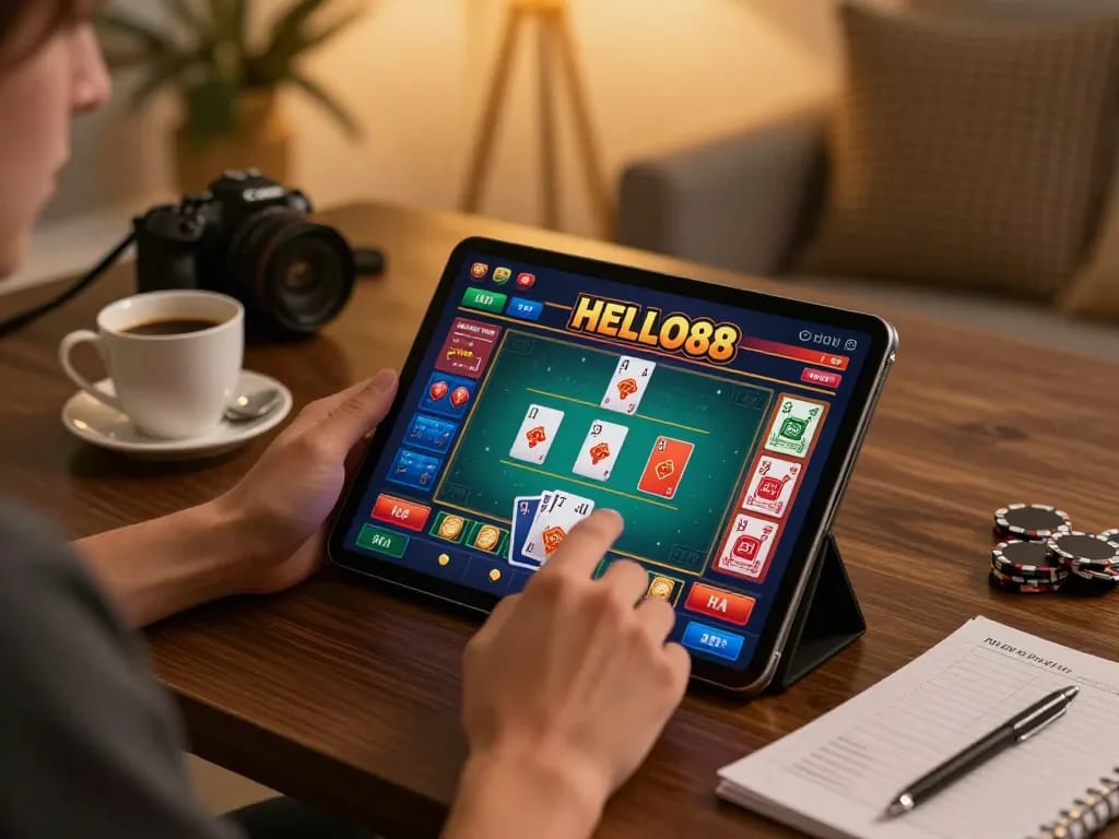 Engaged player using HELLO88 tablet for online casino gaming, showcasing strategy notes and cozy home setup.