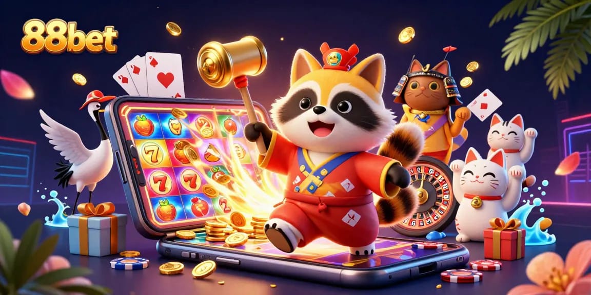 Experience fortune with 88bet's vibrant casino scene featuring cheerful characters and dynamic games.