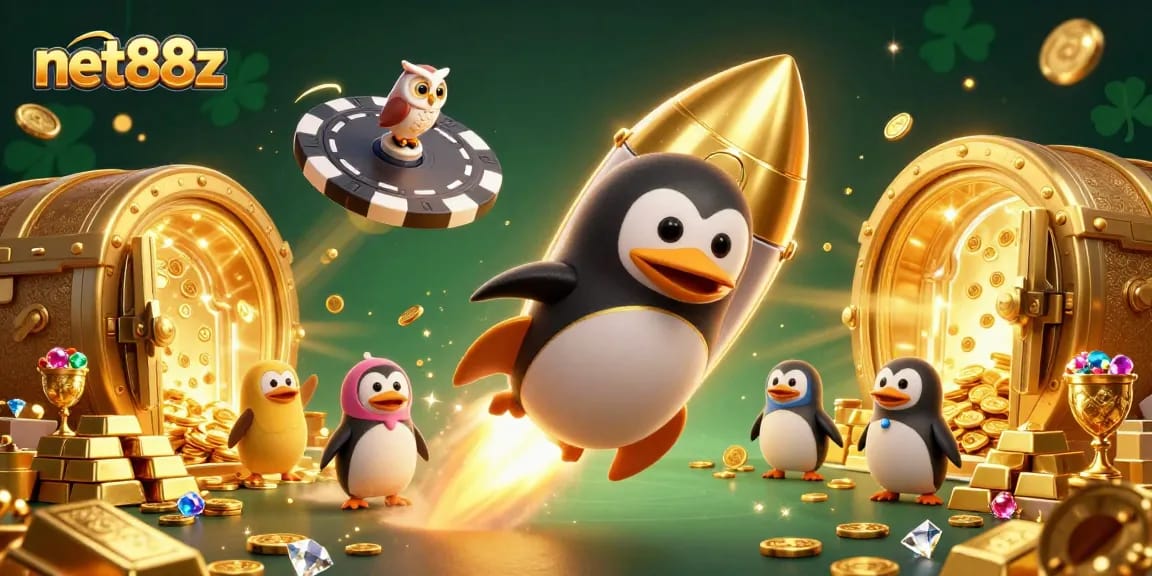 Experience net88z's thrilling ride with a penguin and treasures in a vibrant casino space scene.