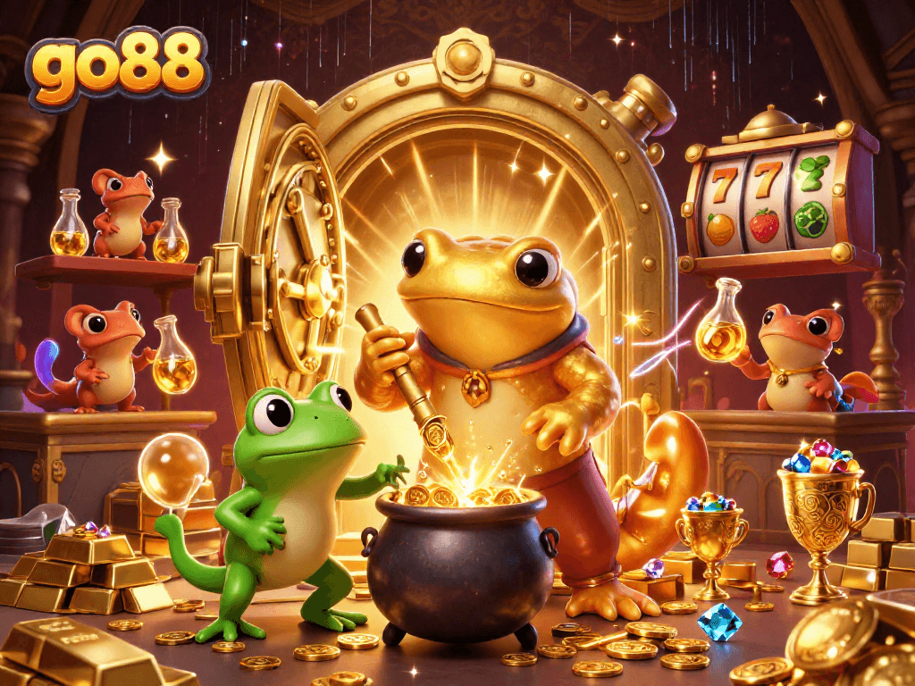 Experience thrilling wins with go88 in this vibrant 3D casino scene featuring golden treasures.
