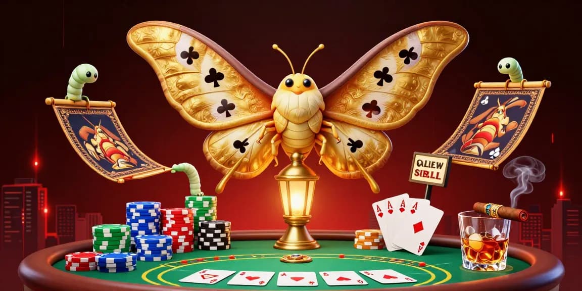 Experience vk88's vibrant casino energy with a golden-winged atlas moth amidst poker scenes and rich game elements.