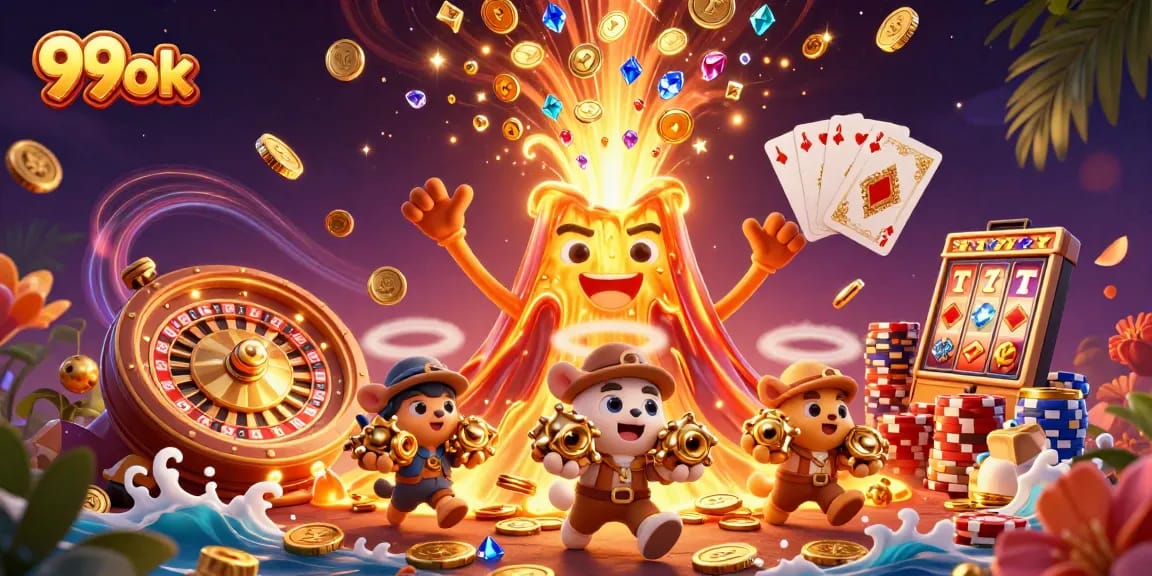 Win big with 99ok gaming excitement featuring a golden volcano and treasure-filled adventures.