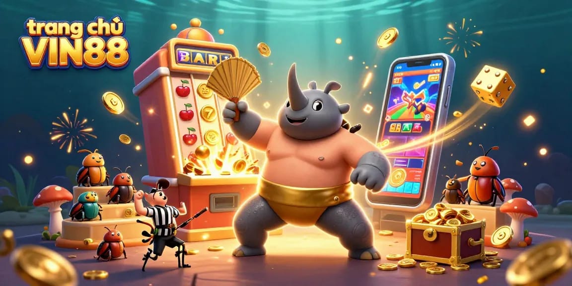 Experience excitement at trang chủ VIN88 with our lively casino-themed illustration showcasing thrilling games and entertainment.
