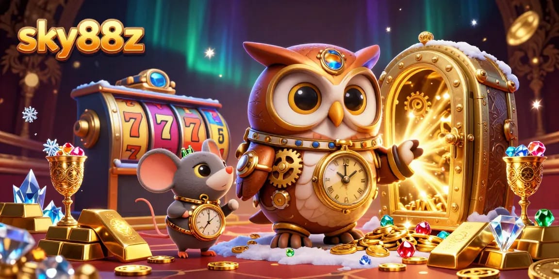 Win big with sky88z as the steampunk owl and mouse celebrate in a vibrant casino scene.