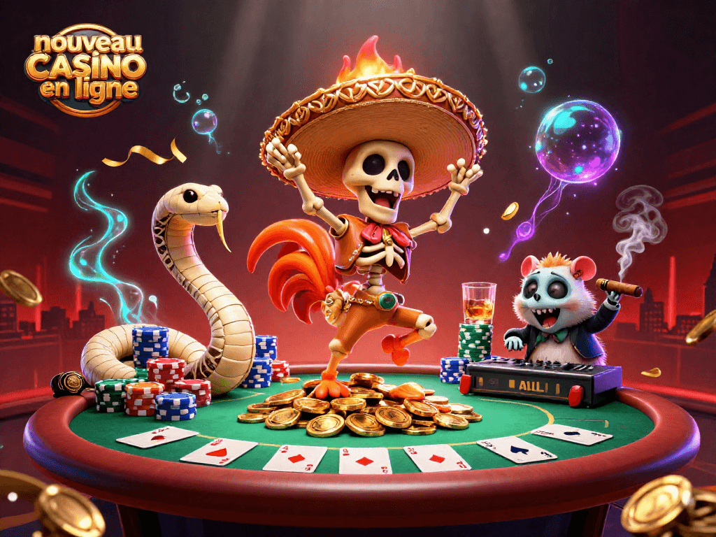 Jouez sur un nouveau casino en ligne avec des personnages fantastiques et des éléments de poker au milieu de pièces d'or.