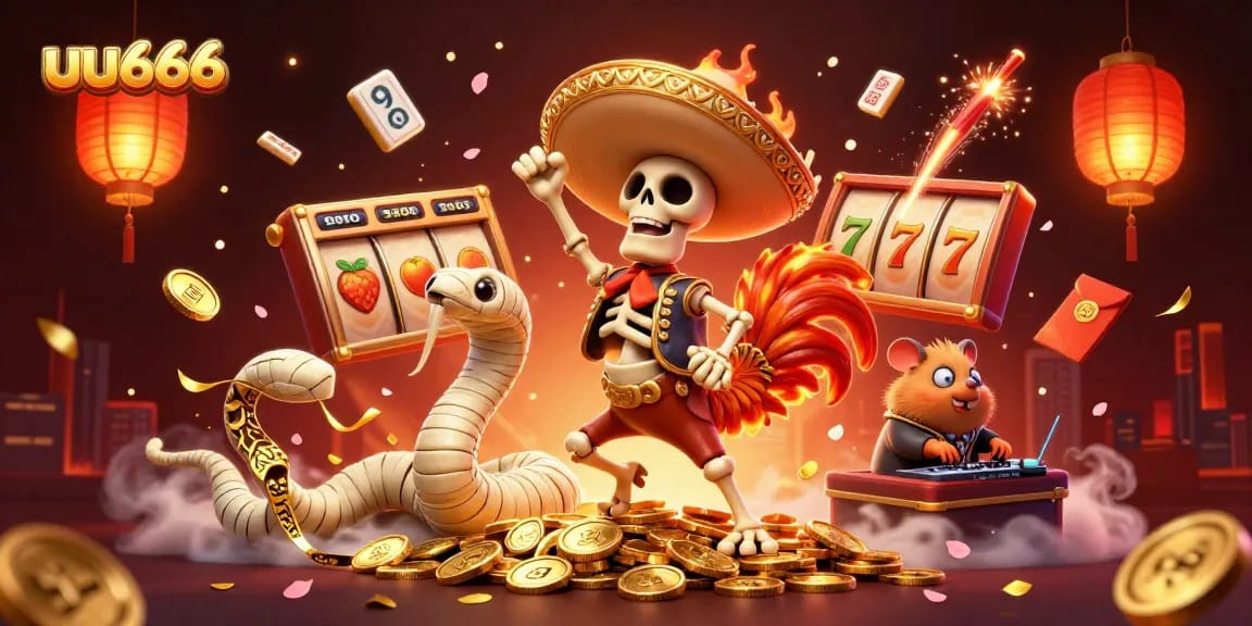 Spin to win at uu666 with vibrant characters dancing on piles of coins amidst slot reels and festive lights.