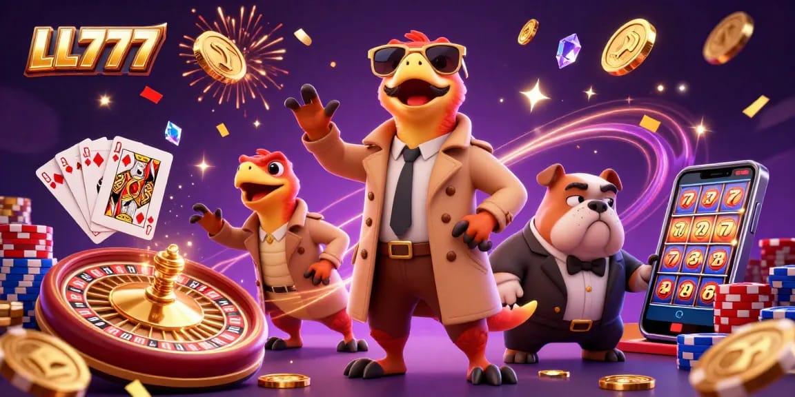 Experience LL777's exciting casino atmosphere with cartoon raptors and dazzling game elements in a vibrant scene.