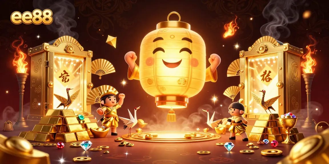 Engage in exciting gaming action with ee88, showcasing golden lanterns and vibrant casino elements.