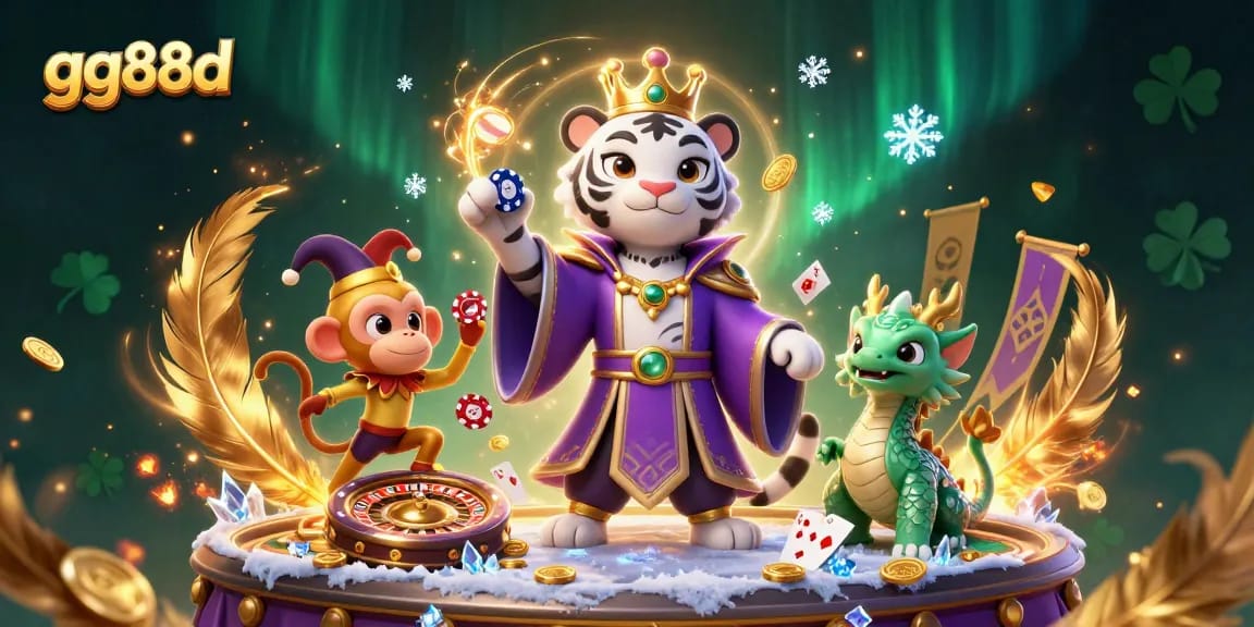 Experience thrilling gaming at gg88d with a vibrant scene featuring a tiger, monkey, and a dragon in a live casino setup.