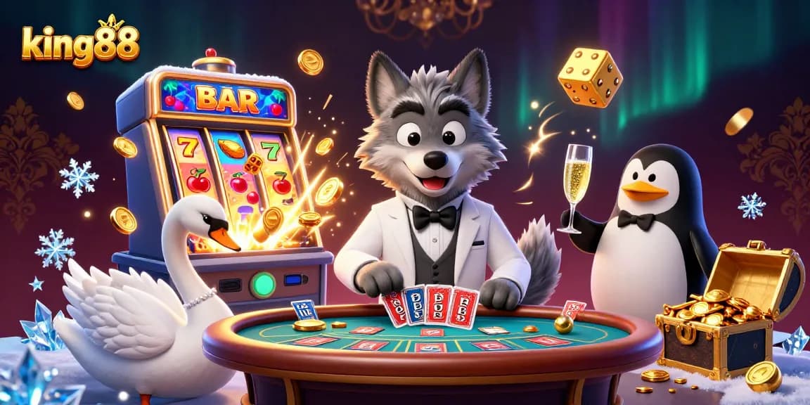 Engage with king88's dynamic casino experience featuring vibrant animated characters and thrilling game elements.