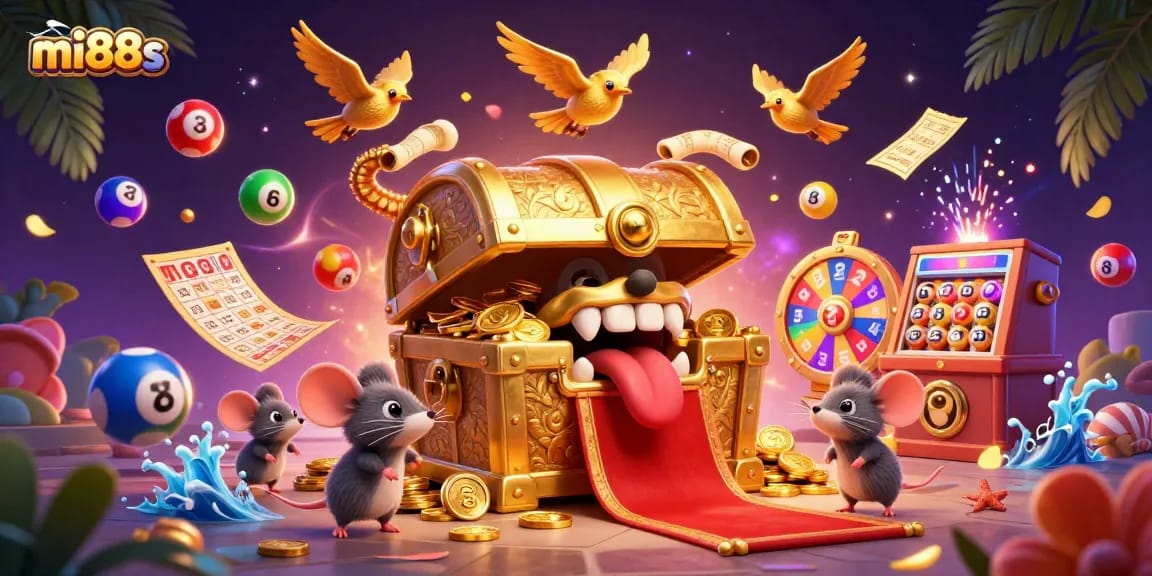 Engage with excitement at mi88s with vibrant lottery elements and a whimsical treasure chest!