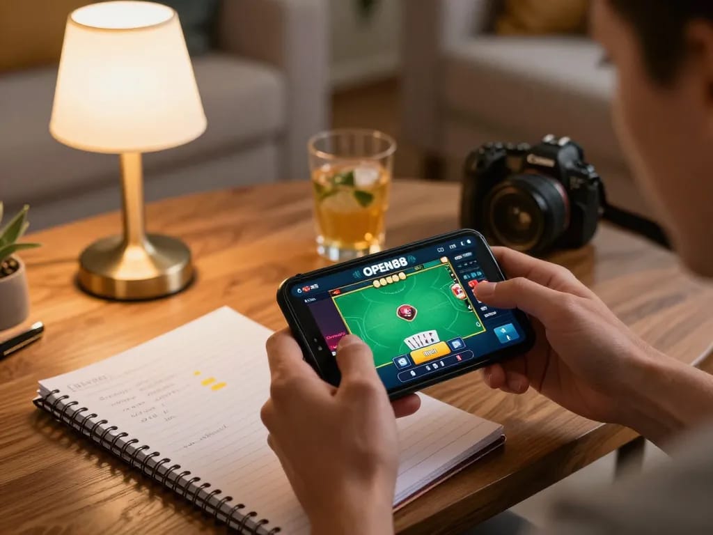 Engaging with Open88 casino app on a smartphone during an exciting poker game.