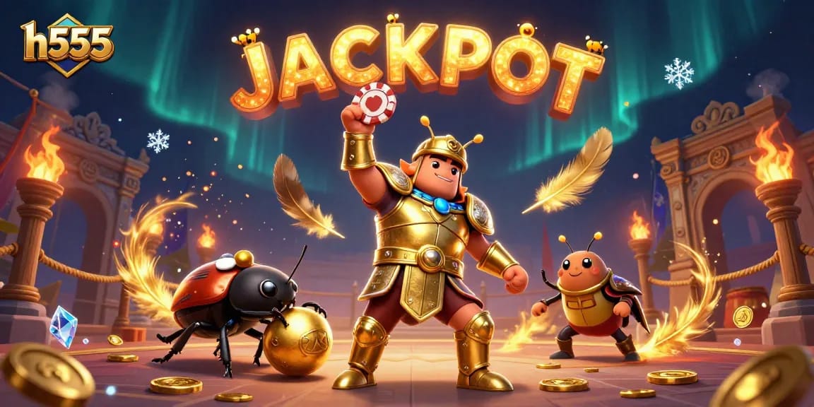 Experience h555 gaming with a victorious beetle lifting chips amidst thrilling casino elements in an explosive scene.