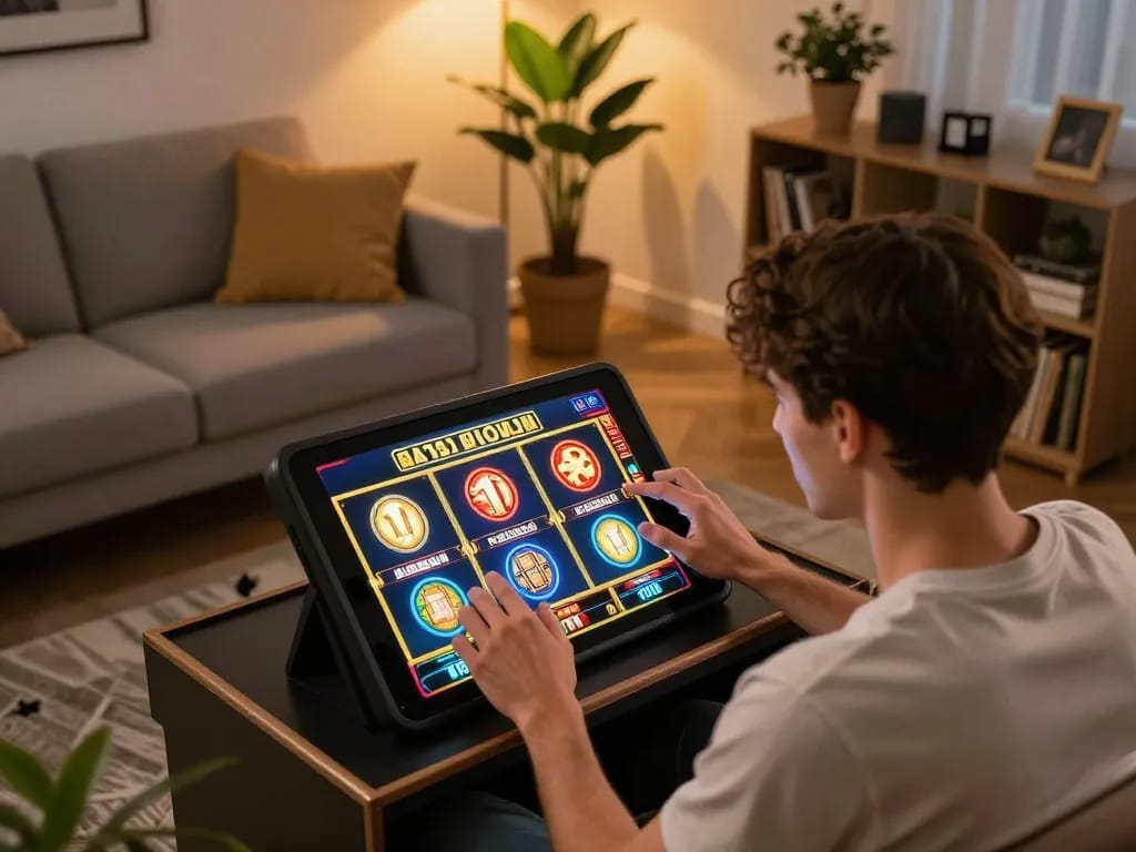 Player enjoying online slots at home on Jun88, showcasing an engaging gaming experience.