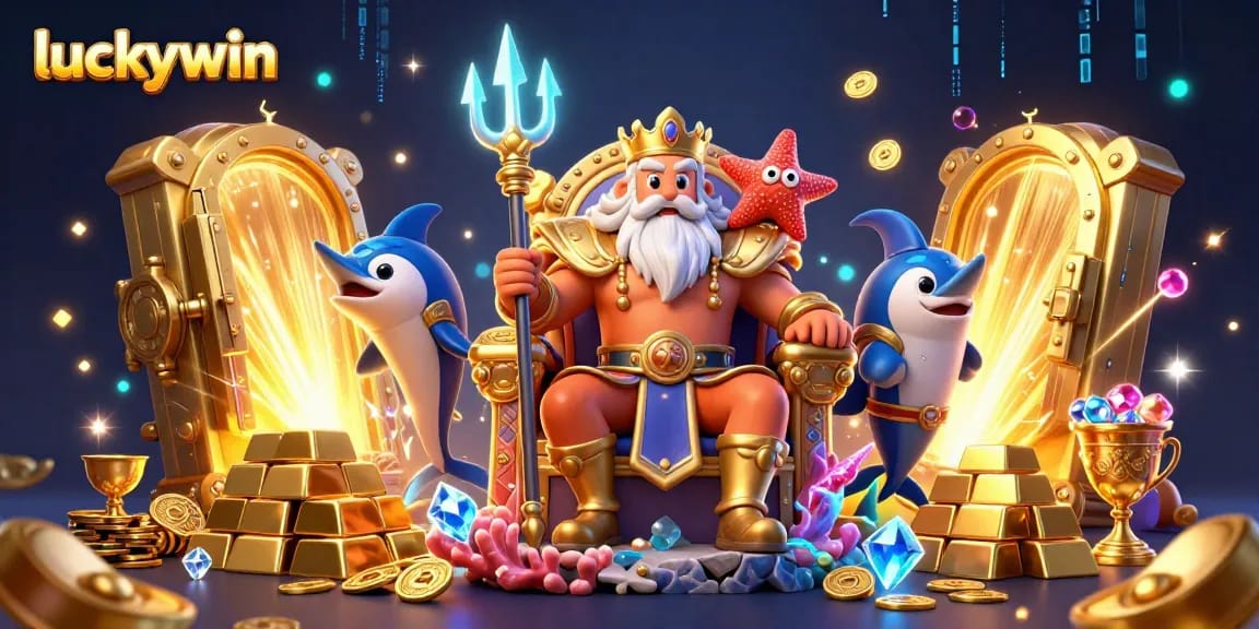 Experience the thrilling luckywin casino atmosphere with king Neptune amidst treasure and gaming elements.