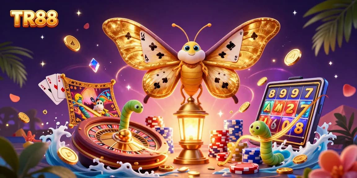Experience thrill with TR88's vibrant casino scene featuring a majestic moth and golden treasures.