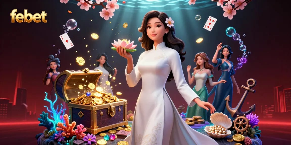 Experience the excitement with febet as a graceful player holds a lotus and golden coin in a vibrant casino scene.
