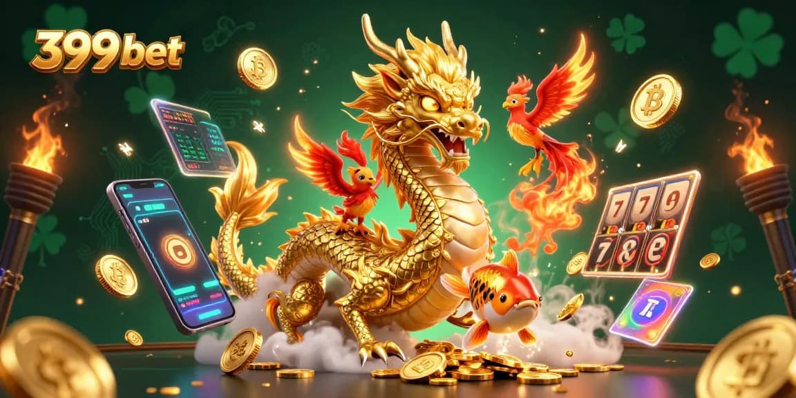 Engage with 399 bet's vibrant casino world featuring a dragon, phoenix, and koi fish amidst dynamic gaming elements.