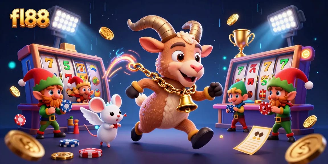 Experience fl88's thrilling casino adventures with festive characters amid colorful slot machines.