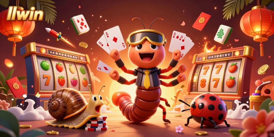 Experience the excitement of llwin with a vibrant 3D casino illustration featuring lively characters and game elements.
