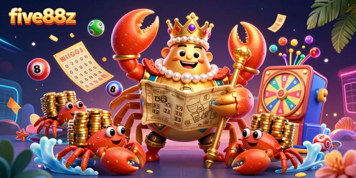Engage in exciting games with five88z, illustrated by a vibrant scene featuring a golden crab emperor and dynamic gaming elements.