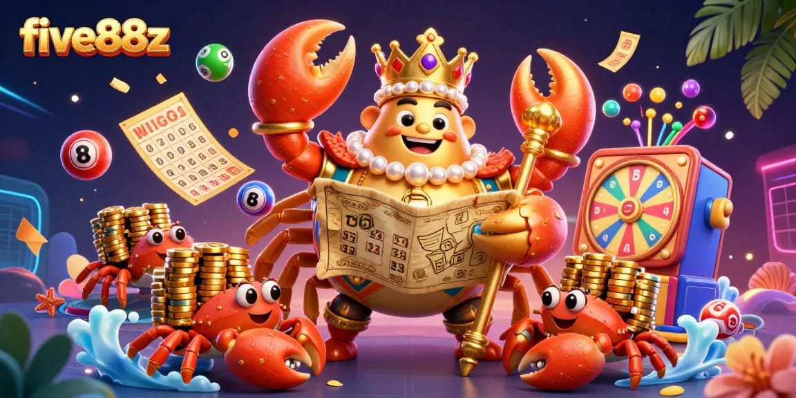 Engage in exciting games with five88z, illustrated by a vibrant scene featuring a golden crab emperor and dynamic gaming elements.