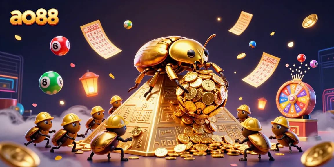 Experience the vibrant world of ao88 with golden bugs and lottery balls in dynamic casino action.