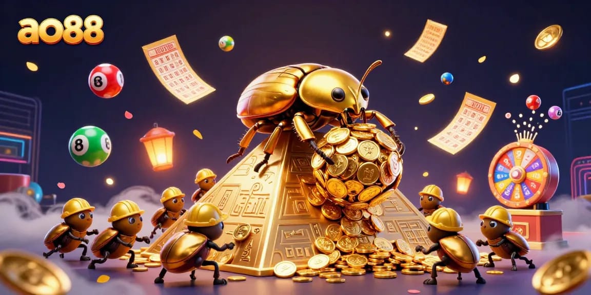 Experience the vibrant world of ao88 with golden bugs and lottery balls in dynamic casino action.