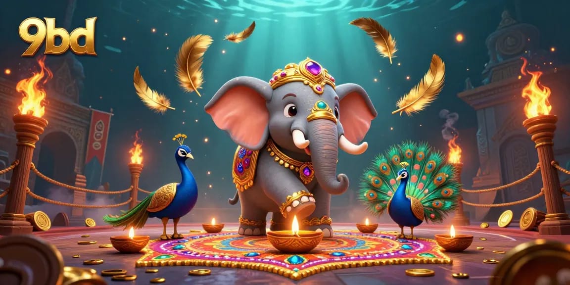 Experience thrilling gaming with 9bd's vibrant casino atmosphere featuring a playful elephant and peacock.