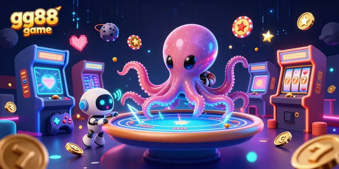 Engage in the excitement of gg88 game with a 3D alien octopus at a holographic poker table surrounded by vibrant gambling elements.