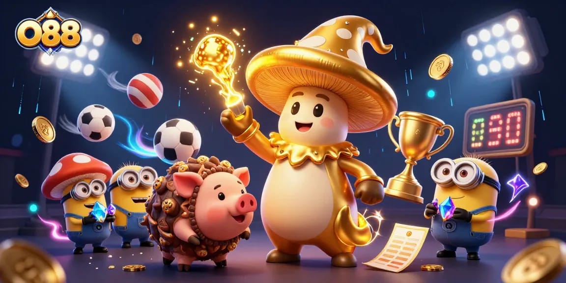 Engage in O88's dynamic casino action with treasure-seeking characters, sports elements, and golden opportunities.