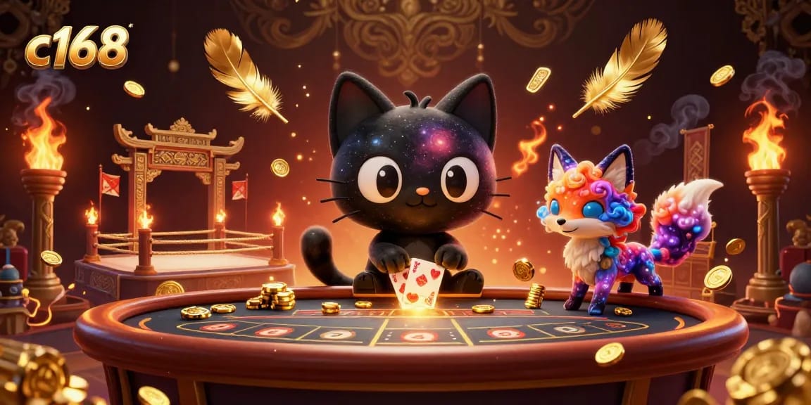 C168 showcases a cosmic casino scene with a black hole cat and its fox companion, winning golden chips.