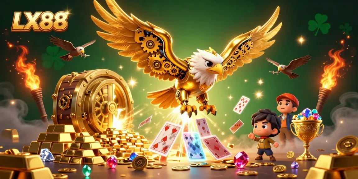 Experience thrilling gameplay with LX88 amidst dazzling golden treasures and dynamic casino elements.