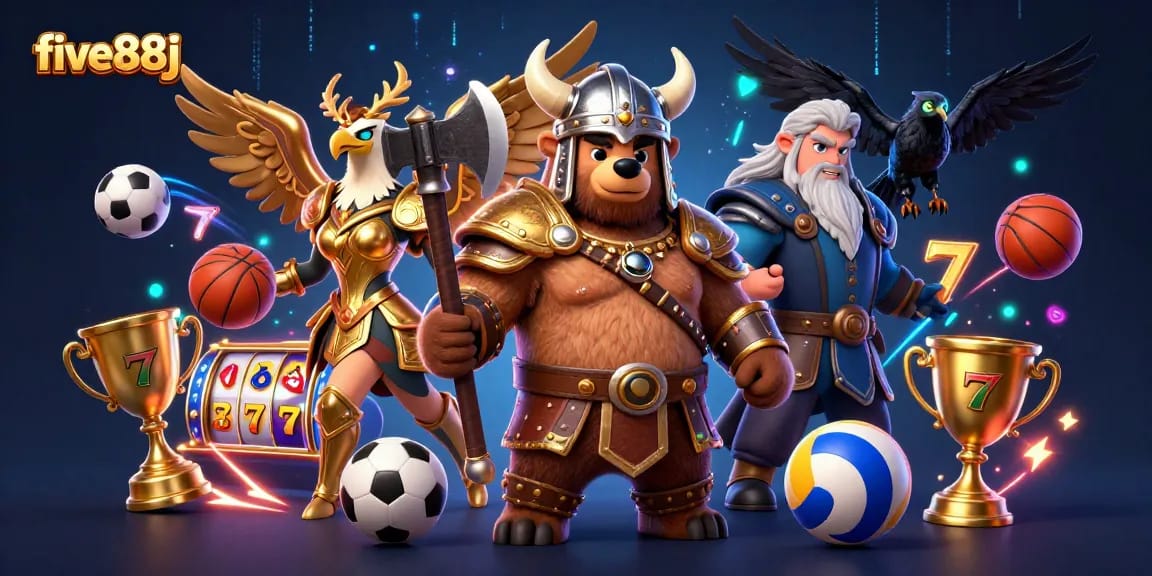 Engage with stunning gambling scenes featuring five88j's Viking bear, Valkyrie eagle, and dynamic sports elements.