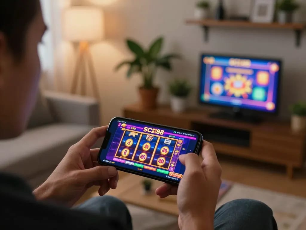 sc88 win with engaging mobile gaming on a smartphone in a cozy home setting