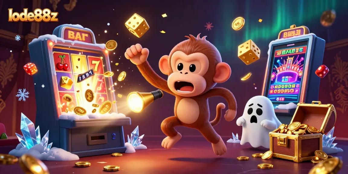 lode88z features a poltergeist monkey juggling gold in a haunted casino with a ghost-hunter puppy tracking