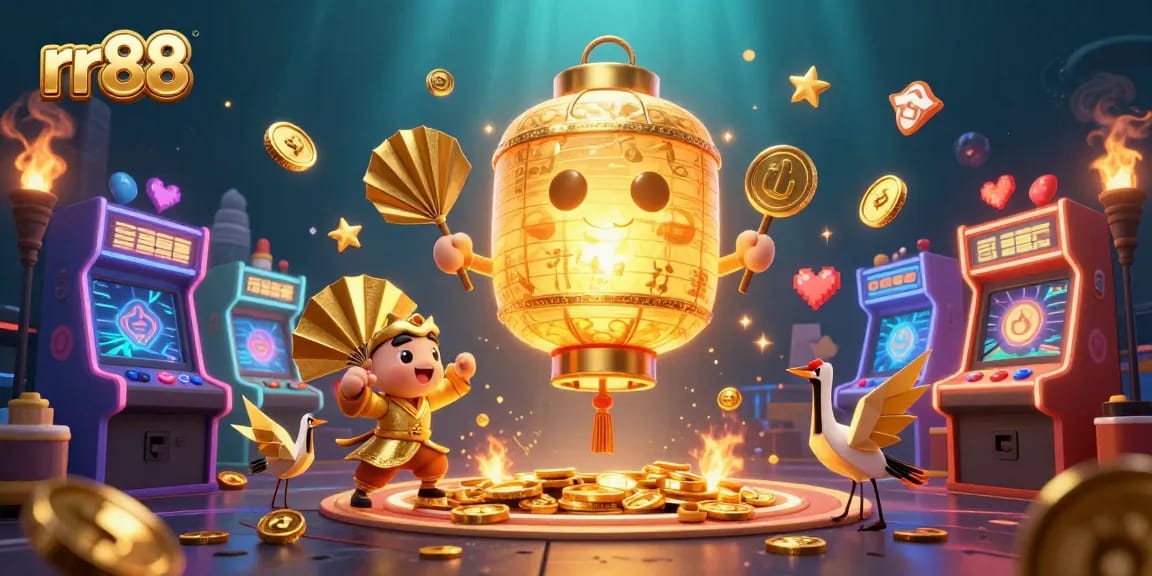Experience exciting gaming action at RR88 online casino with golden lantern spirit and vibrant arcade elements.