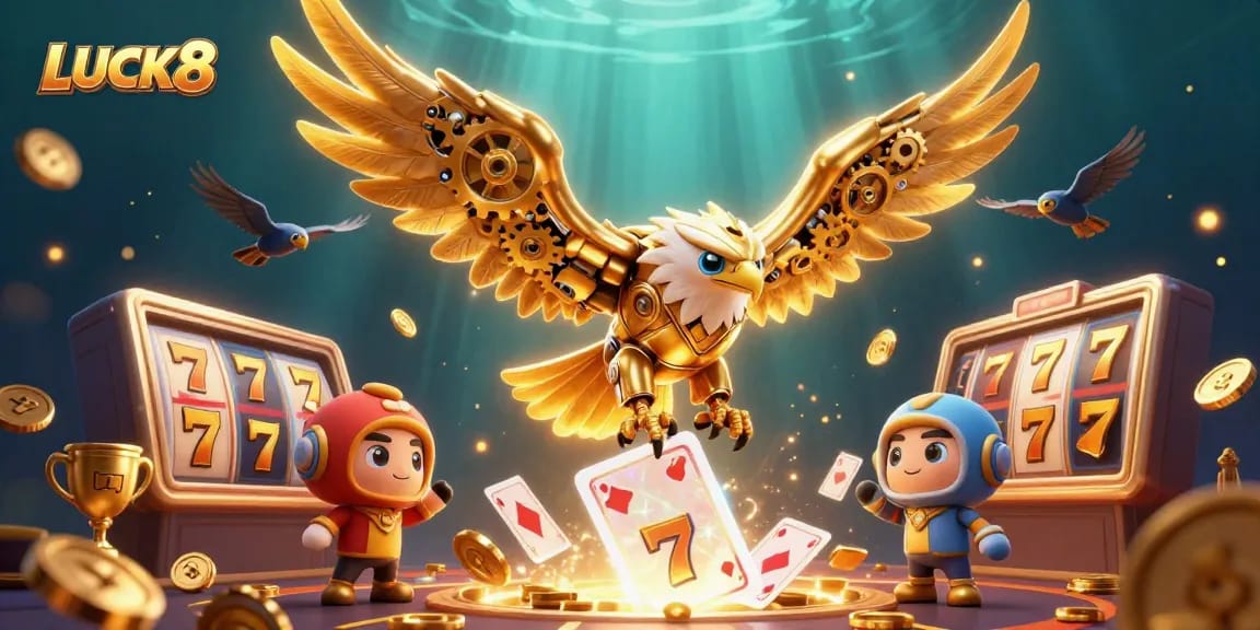 Experience LUCK8 with a dynamic scene of a golden eagle and casino elements creating vibrant energy.