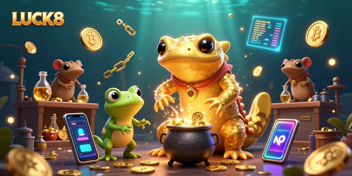 LUCK8 offers players a vibrant 3D casino scene featuring a golden salamander alchemist amid floating cryptocurrency elements.