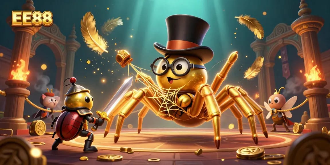 Watch the golden tarantula weave EE88's thrilling gambling adventure amidst a vibrant casino scene.