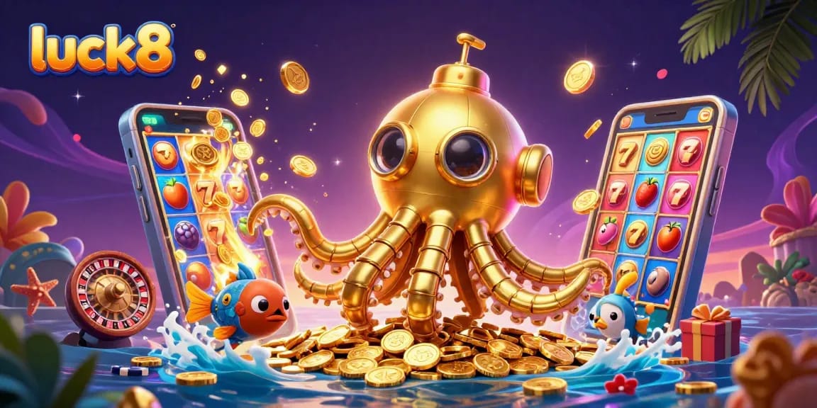 Play vibrant slot games with luck8 as the golden kraken submarine dives into a treasure-filled ocean.